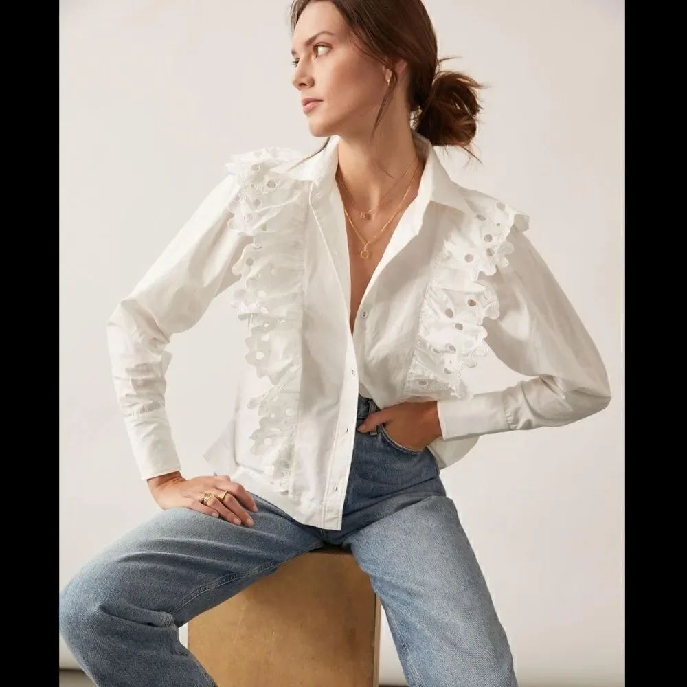 Anthropologie Magali Pascal Eyelet Ruffled Button Down Blouse NWT